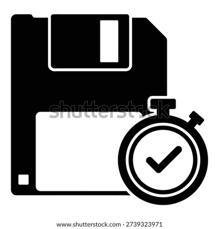 Black floppy disk with white label and stopwatch timer icon on white background icon