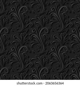 Black floral 3d background. Seamless pattern for greeting card decoration. Ornate pattern for continuous replicate. Vector illustration
