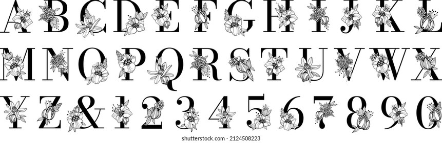 Black floral alphabet, botanical monogram vector letters with black line art flowers and leaves