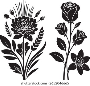Black floral arrangement with roses and detailed blooms botanical petal