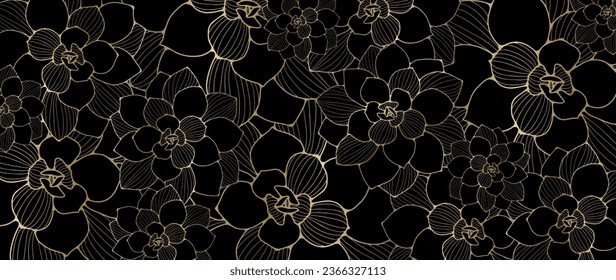 Black floral background with golden succulent flowers. Dark vector background for creating various designs, wallpapers, covers. Picture for publication on social networks.