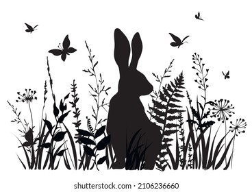 Black floral background with silhouettes of rabbit, wildflowers and butterflies. Easter background. Vector illustration.