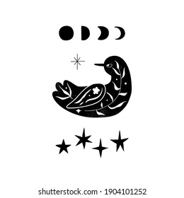 Black floral bird silhouette composition in minimal hand drawn folk style. Vector doodle logotype with organic textured flower branch. Good for cosmetics, beauty, tattoo, Spa, social media
