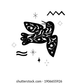 Black floral bird silhouette composition in minimal hand drawn folk style. Vector doodle logotype with organic textured flower branch. Good for cosmetics, beauty, tattoo, Spa, social media