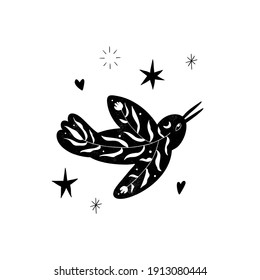 Black floral bird silhouette composition in minimal hand drawn folk style. Vector doodle logotype with organic textured flower branch. Good for cosmetics, beauty, tattoo, Spa, social media