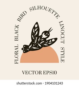 Black floral bird silhouette in a minimal hand drawn folk style. Vector doodle logotype with organic textured flying bird and flower branch. Good for cosmetics, beauty, tattoo, Spa, social media