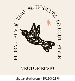 Black floral bird silhouette in a minimal hand drawn folk style. Vector doodle logotype with organic textured flying bird and flower branch. Good for cosmetics, beauty, tattoo, Spa, social media
