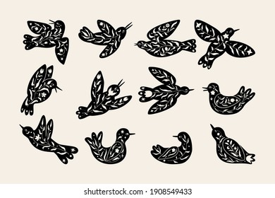 Siluetas de pájaros florales negras. Estilo folclórico mínimo dibujado a mano. Logotipo vectorial de doodle con pájaro volador texturado orgánico y rama floral. Bien por cosméticos, belleza, tatuajes, Spa, medios sociales