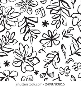 Patrón sin costuras de pincelada floral negro. Fondo de repetición de doodle de flores Abstractas. Boceto dibujado a mano planta floral de primavera, hojas gráficas de la naturaleza, garabatos Elementos orgánicos. Vector de tinta impreso