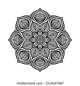 Black floral circular pattern on white background. Coloring book for adults