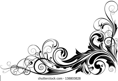 Black floral corner.Detailed swirl floral corner design in black