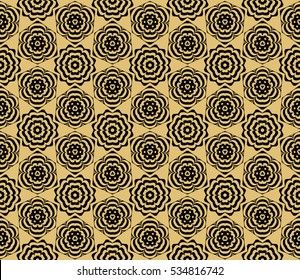 Black floral creative geometric ornament on gold background. Seamless vector illustration. For modern interiors design, wallpaper, textile industry.
