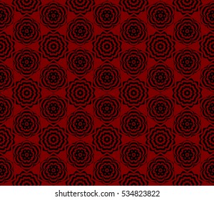 Black floral creative geometric ornament on red background. Seamless vector illustration.