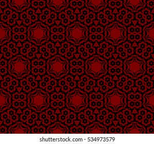 Black floral creative geometric ornament on red background. Seamless vector illustration.