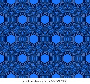 Black floral creative geometric ornament on blue background. Seamless vector illustration.