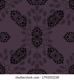 Black floral damsk onament seamless patternon color background. Design for fabric, apparel textile, book, interior, wallpaper