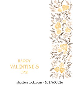 Black floral elements with orange decorative hearts and lettering Happy Valentines Day on white background, illustration.