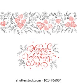 Black floral elements with red decorative hearts and lettering Happy Valentines Day on white background, illustration.