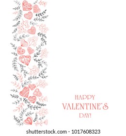 Black floral elements with red and pink decorative hearts and lettering Happy Valentines Day on white background, illustration.