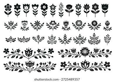 Elementos folclóricos negros definidos em estilo escandinavo. Flores e ramos decorativos desenhados à mão, silhuetas de argamassa mínima para desenhos de primavera e Páscoa, ornamentos de arte popular e bordas.