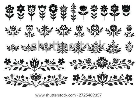 Black floral folk elements set in Scandinavian style. Hand drawn decorative flowers and branches, minimal hygge silhouettes for spring and Easter design, folk art ornaments and borders.