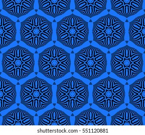 black floral geometric ornament on blue background. Seamless vector illustration. For interior design, wallpaper