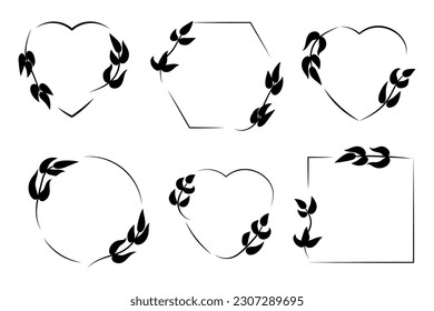 Black floral graphics frames. Wedding floral decoration. Laurel wreath. Vector illustration.