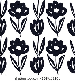 Black floral hand drawn pattern on white background seamless pattern for fabric, textiles, clothing, wallpaper, cover, banner, home decor, florals backgrounds