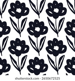 Black floral hand drawn pattern on white background seamless pattern for fabric, textiles, clothing, wallpaper, cover, banner, home decor, florals backgrounds