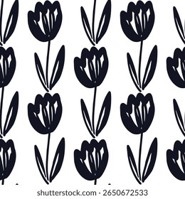 Black floral hand drawn pattern on white background seamless pattern for fabric, textiles, clothing, wallpaper, cover, banner, home decor, florals backgrounds