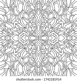 Black floral mandala on white background. Seamless abstract natural pattern. Suitable for coloring book pages, packaging, textile, card.
