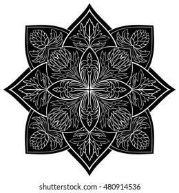 Black floral mandala on a white background. 
Oriental ornament. Element for design. Template for any surface. Sketch.