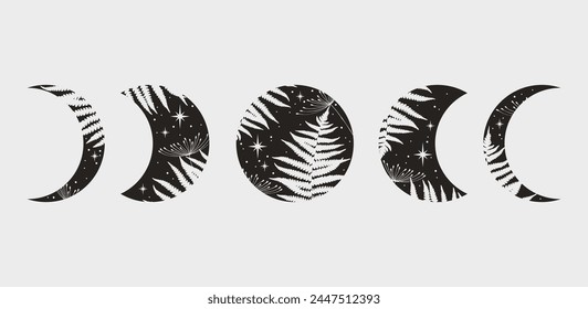 Black floral moon phase vector illustration. Crescent and floral moon vintage logo design.