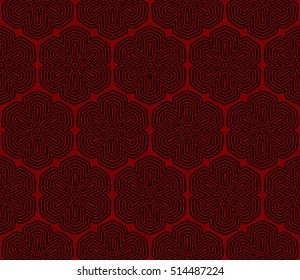 black floral on sacred geometry pattern. red background. vector illustration. for design invitation, wallpaper, fabric