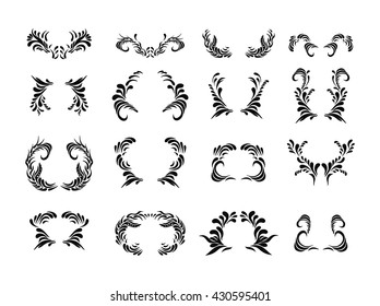  Black floral ornament elements collection isolated on white. Ornate frames. 
