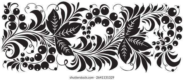 Black floral ornament on a transparent background. An illustration. Suitable for large format printing.
