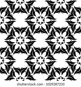 Black floral ornament on white background. Seamless pattern for textile and wallpapers