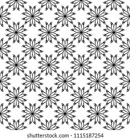 Black floral ornament on white background. Seamless pattern for textile and wallpapers