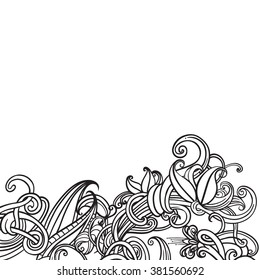 Black floral ornament on a white background. Bottom. letter page design. Coloring for adults. Creation. Vector.