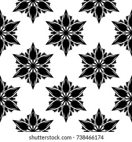 Black floral ornament on white background. Seamless pattern for textile and wallpapers