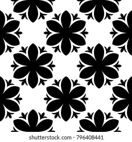 Black floral ornament on white background. Seamless pattern for textile and wallpapers