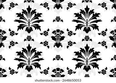 Padrão de ornamento floral preto no fundo branco, design de padrões florais sem costura para decorativo, parede, papel de parede, papel de embrulho, tecido, seda, cachecol, travesseiro, livro, parede, pano de fundo e etc. 