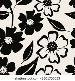 Black floral pattern with beige background. Seamless pattern with florals for fabric, textiles, clothing, wrapping paper. Vector illustration