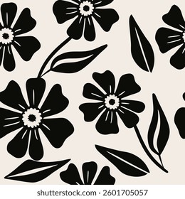 Black floral pattern with beige background. Seamless pattern with florals for fabric, textiles, clothing, wrapping paper. Vector illustration