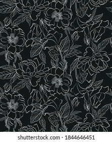 Black floral pattern for fabric. Allover print for paper and fabric.