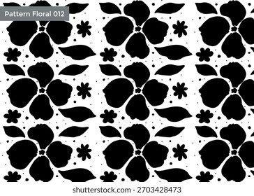 Patrón floral negro con flores estilizadas, hojas y Pequeños Elementos en forma de estrella sobre un fondo blanco.