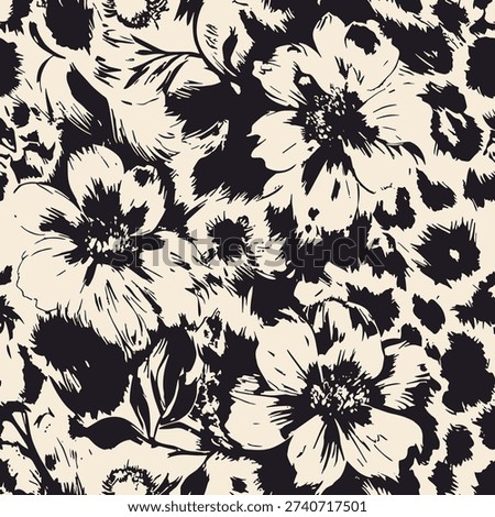 Black floral pattern, leopard spots, bold contrast, textile background