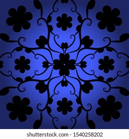 black floral pattern on blue background