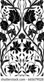 Black floral pattern on a white background. Seamless filigree ornament. Stylized template for wallpaper, textile, carpet.