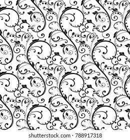 Black floral seamless pattern on white background